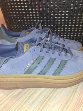 Adidas Gazelle Men’s Suede Sneakers in Denim  Blue with Green Stripes